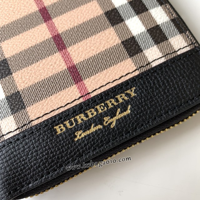 Burberry專門店新款男士拉鏈長夾錢包 巴寶莉Haymarket格紋拼皮革大號拉鏈錢夾 yxb1019